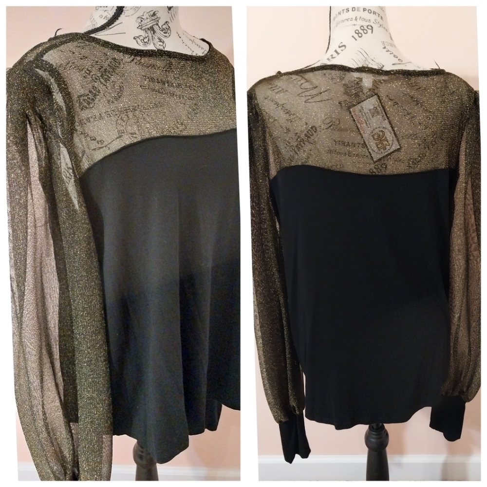 GLAMOROUS EMERALD BLACK/GOLD KNIT/SHEER BUBBLE SLEEVE TOP-L